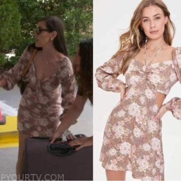 Forever 21 Brown Floral Cut Out Puff Long Sleeve Tie Neck Mini Dress - Picture 5 of 15